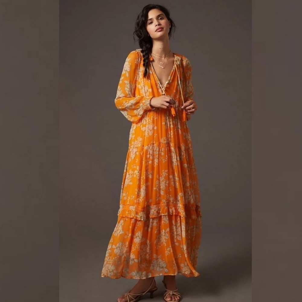 Anthropologie The Marais Printed Chiffon Maxi Dress Orange Floral Tiers Small